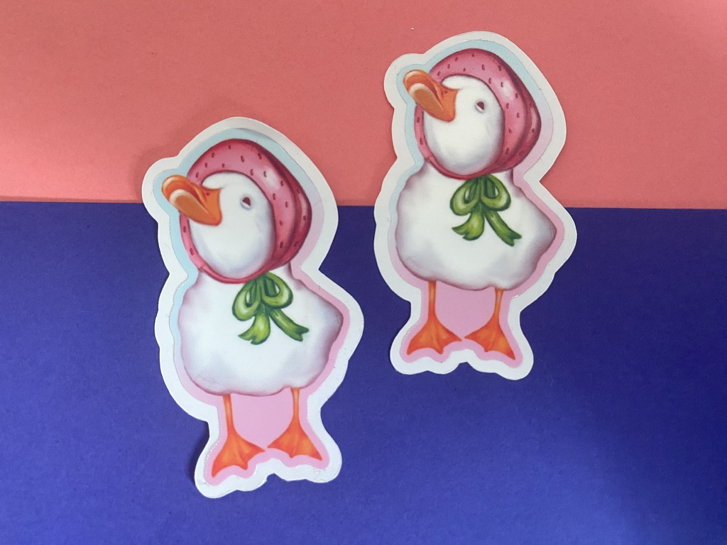 Duck with Strawberry Hat Vinyl Sticker
